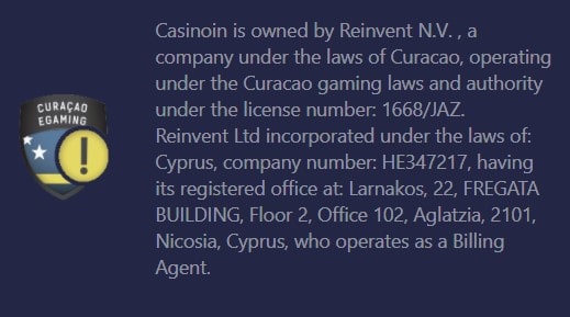 Casinoin - Kiurasao licenciją