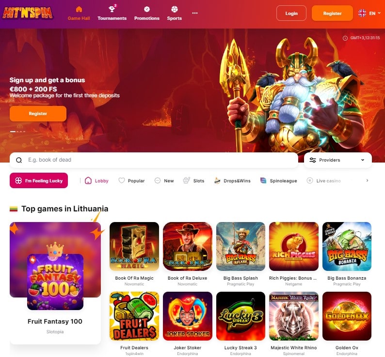 HitnSpin Casino internetinė svetainė