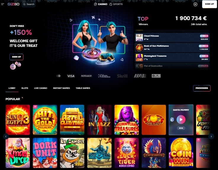 Gizbo Casino internetinė svetainė