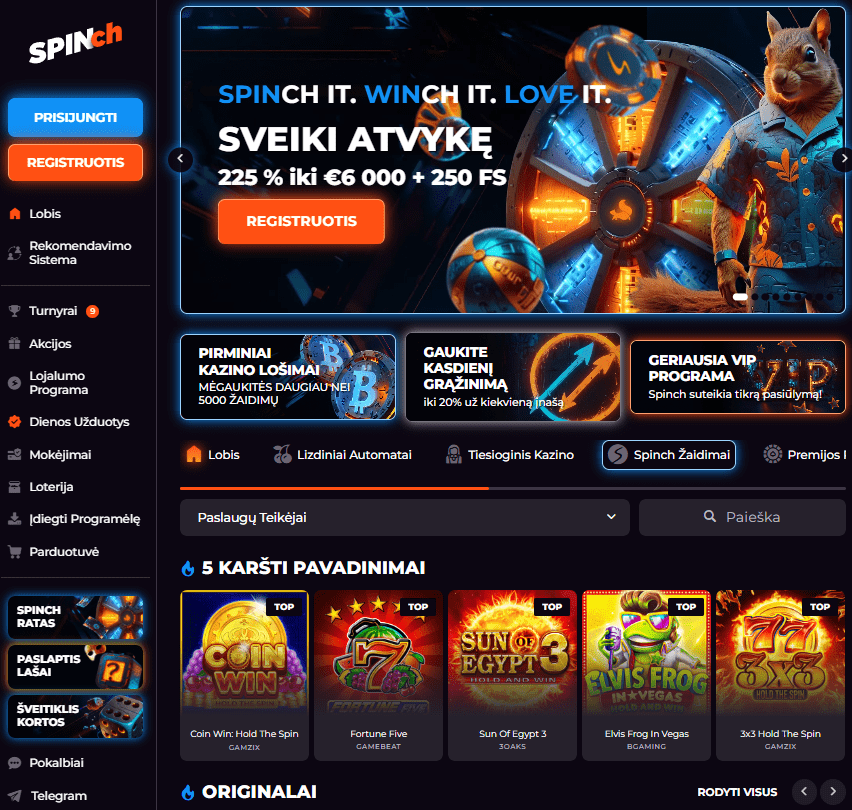 Spinch Casino internetinė svetainė