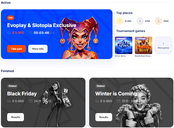 Ekran turniejów w kasynie Vulkan Bet przedstawiający tabelę liderów i liczniki progresywne