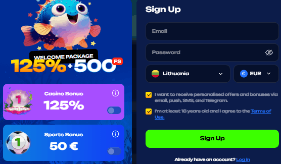 Fugu Casino - registracijos procesas